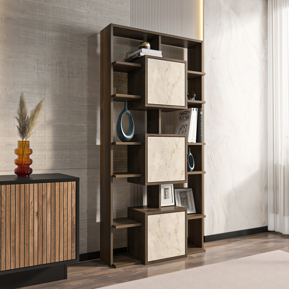 Decorotika Monaco 3 Door 12 Shelf Walnut Traverter Bookcase Image 4