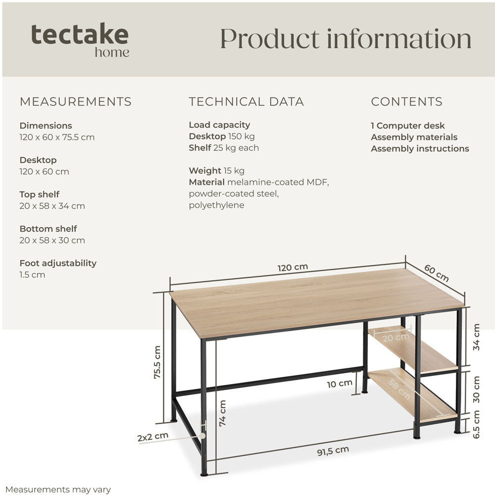 tectake Canton Oak Sonoma 2 Compartment Office Desk Image 8