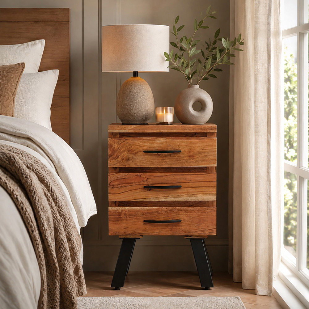 Premier Housewares Nashik 3 Drawer Acacia Side Table with Black Iron Legs Image 4