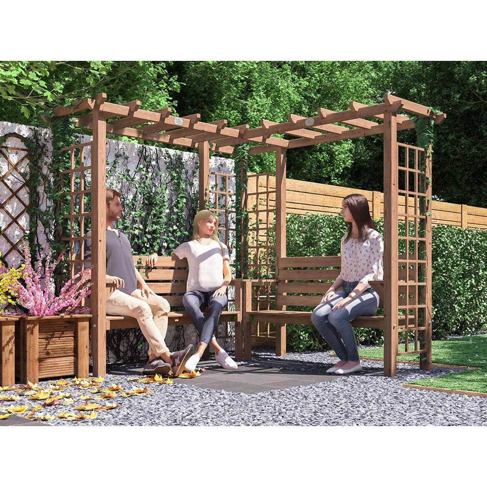 Dunster House Gerlinde 4 Seater Brown Roof Corner Pergola Arch Bench with Pergola Trellis and Mini Table 8 x 8ft Image 5