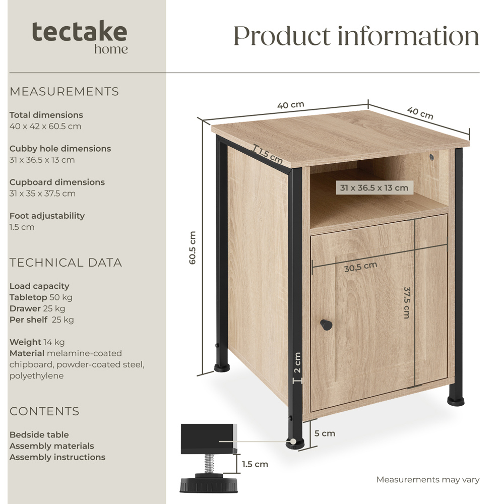 Tectake Blackburn Single Door Single Shelf Sonoma Oak Bedside Table Image 9