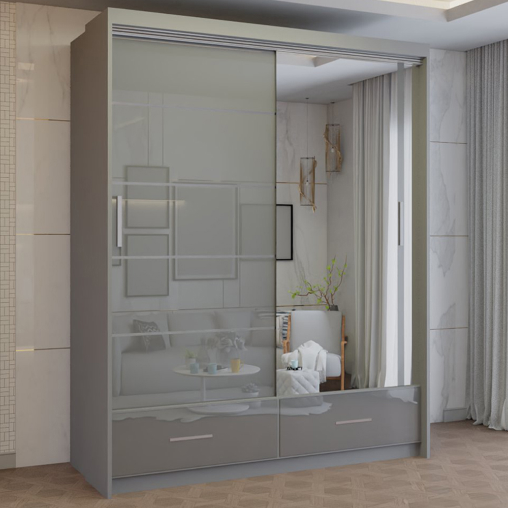 M N Furniture Seliyaa 2 Door 2 Drawer Grey High Gloss Sliding Door Wardrobe 150cm Image 1