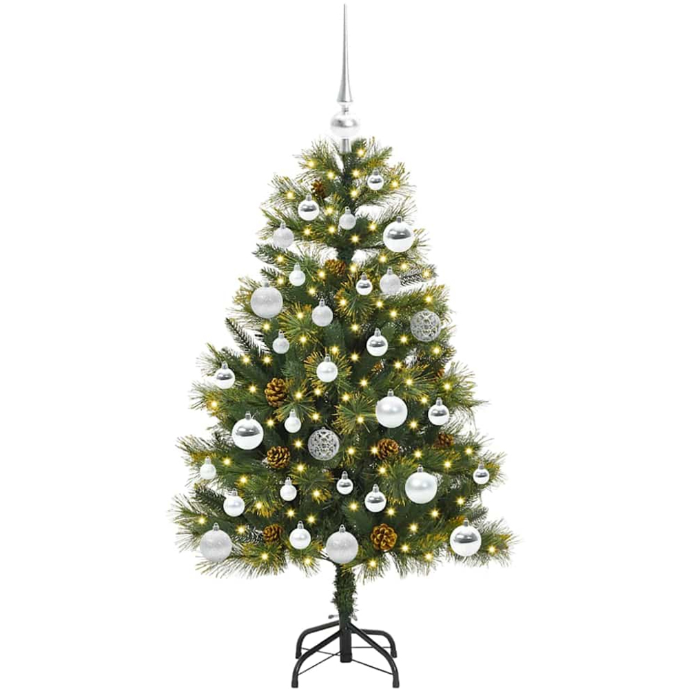 vidaXL Pre-Lit Silver Baubles and Pinecones Green Artificial Christmas Tree 4ft Image 1