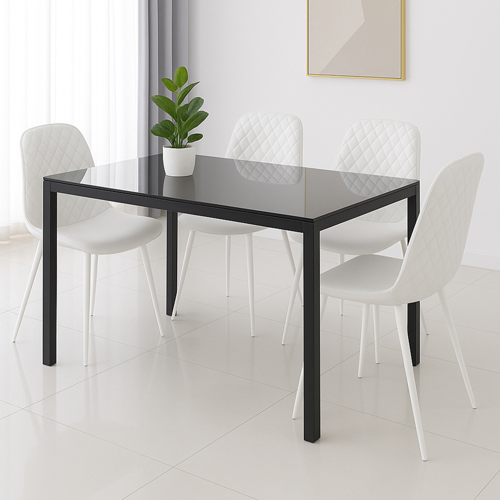 Kosy Koala 4 Seater Faux Leather Black Glass Dining Table Set White Image 4