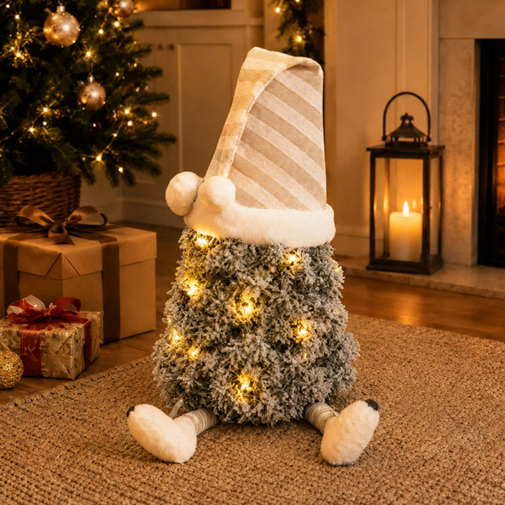 Festive Christmas Warm White LED Flocked Mini Tree Gonk with Striped Nightcap and Dangly Legs Image 2