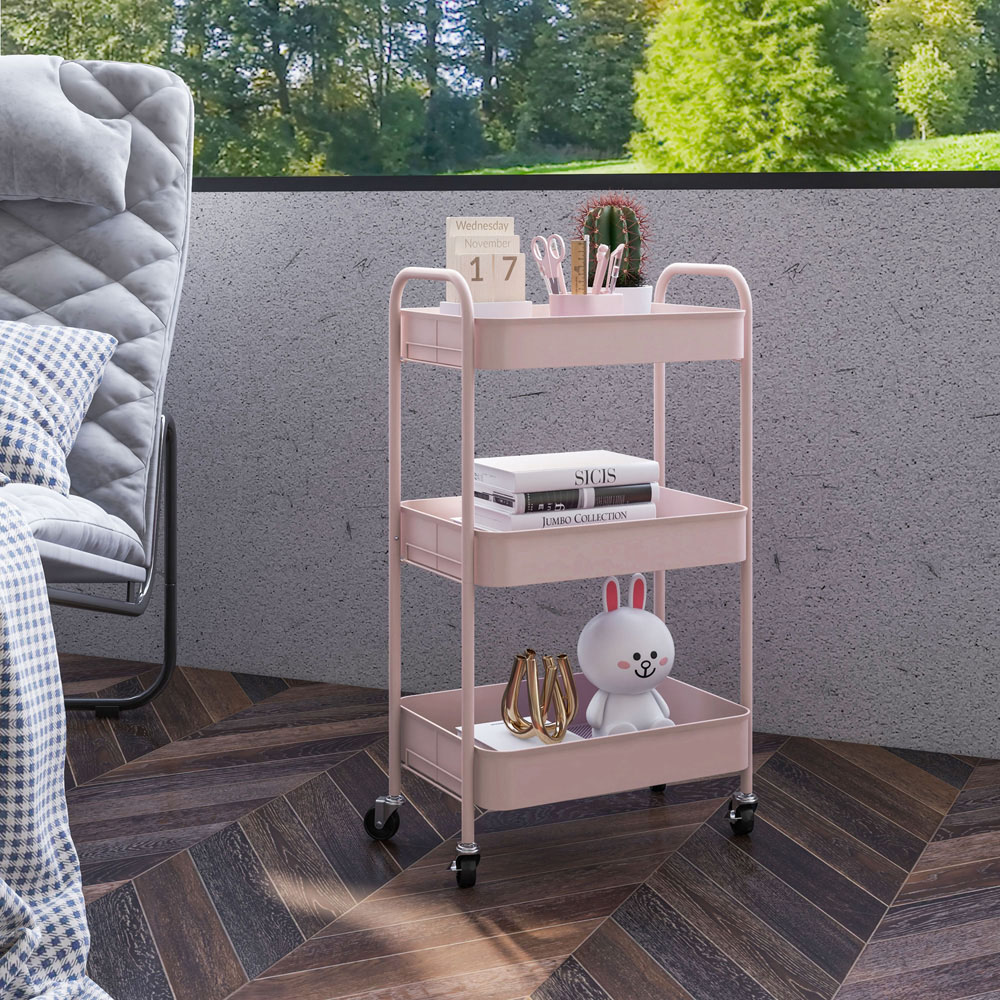 HOMCOM 3-TierPink Rolling Utility Cart Image 6