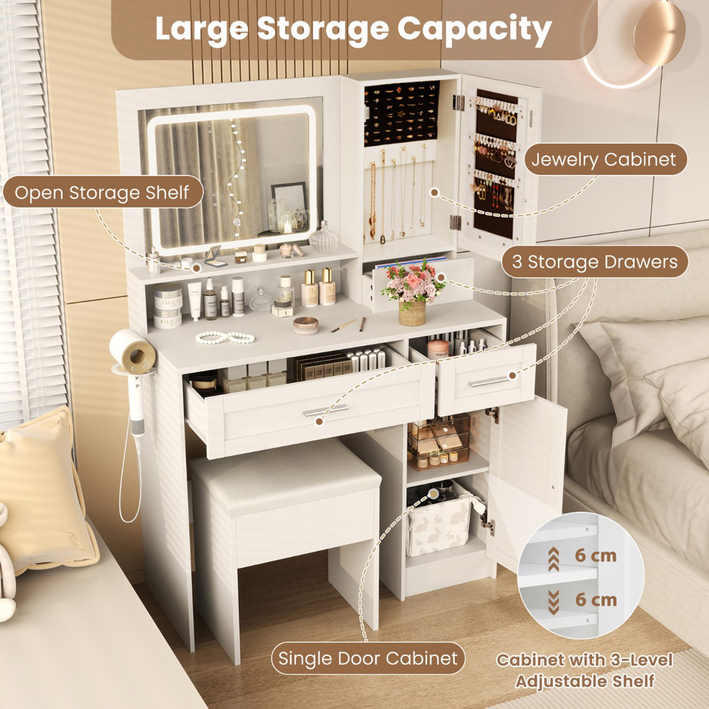 Costway Farmhouse White Dressing Table and Stool Set with Charging Station and LED Mirror Image 6