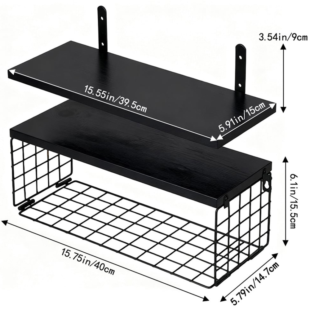 Living and Home Black 2-Tier Wall-Mounted Floating Shelf with Wire Basket Image 9
