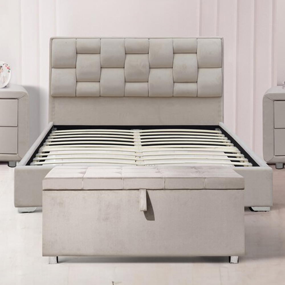 Brooklyn Double Cream Plush Velvet Bed Frame with Blanket Box Image 1