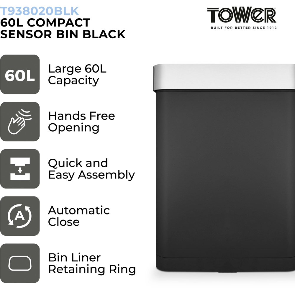Tower Black Compact Sensor Bin 60L Image 2