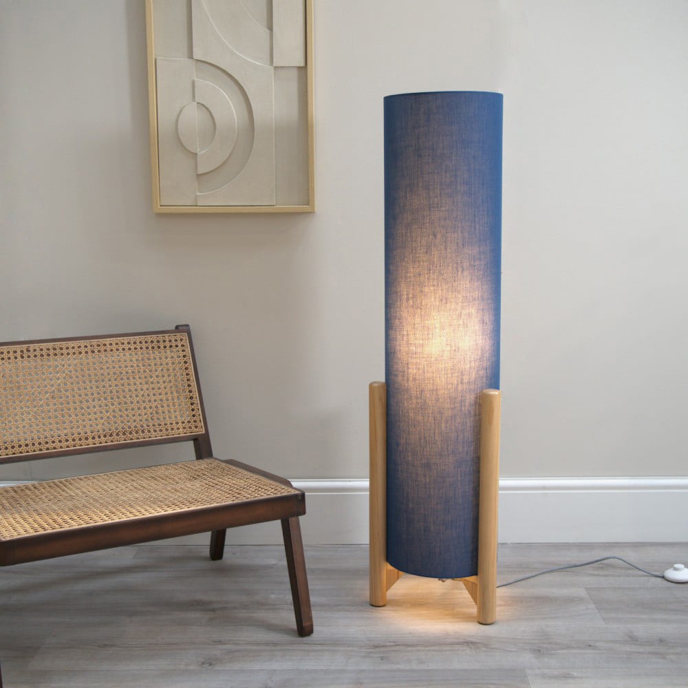 ValueLights Henry Tall Navy Fabric Shade Wooden Base Midi LED Floor Lamp Image 2