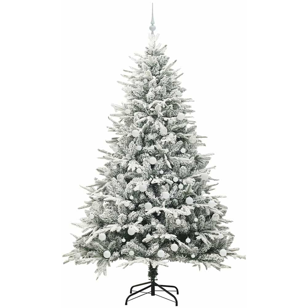 vidaXL 300 LED Pre-Lit White Baubles Green Artificial Snow Flocked Christmas Tree 7ft Image 4