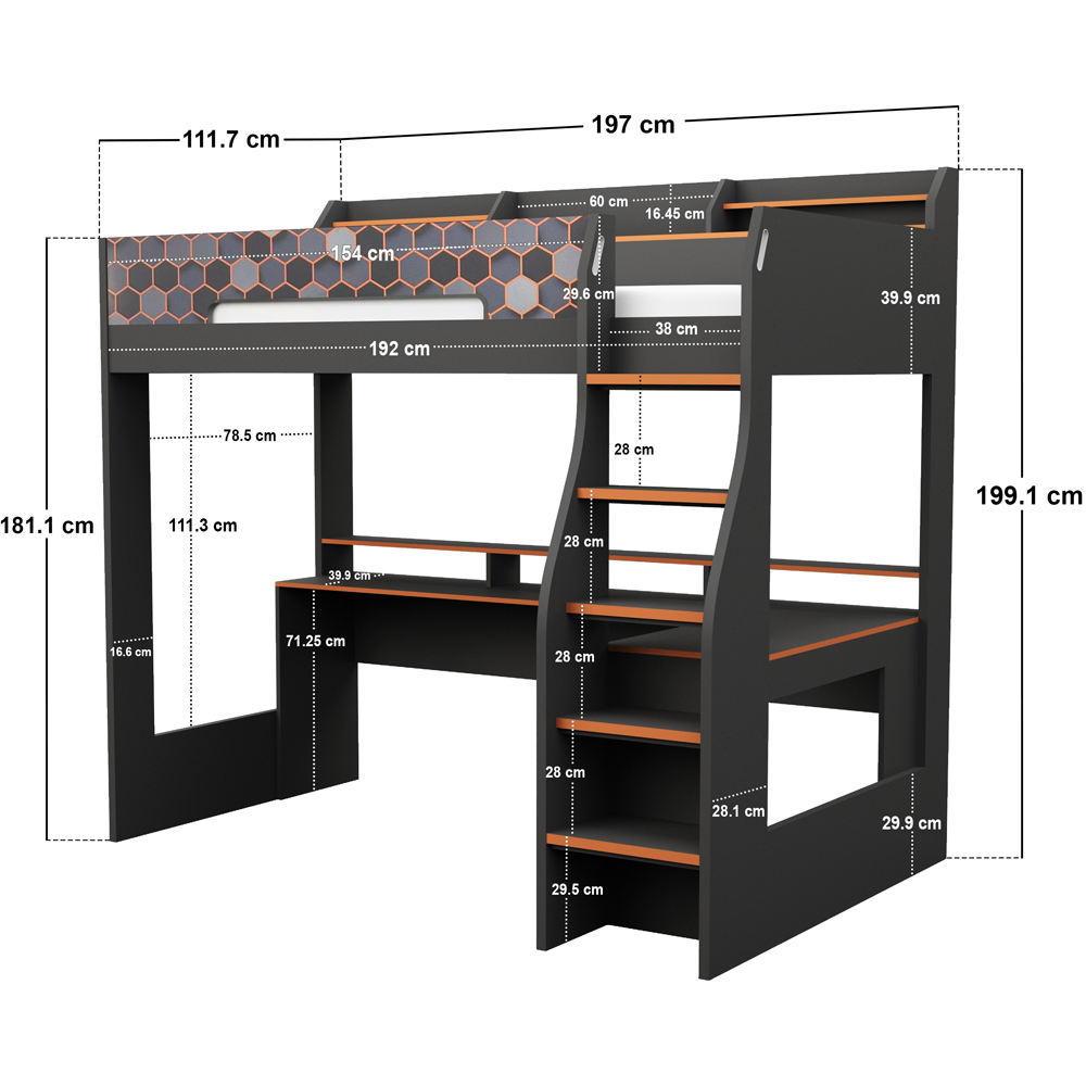 Recoil Ultimate Lumi Small Double Charcoal and Orange High Sleeper with Desk Image 6