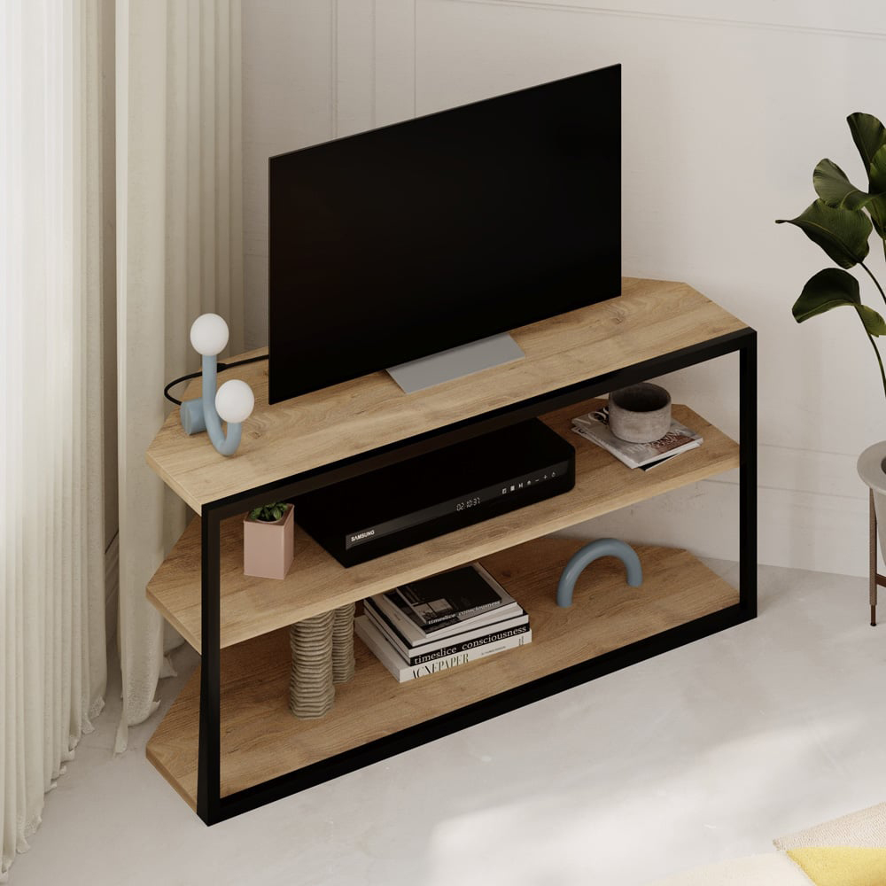 Decortie Echo 2 Shelf Oak Metal Frame Modern TV Unit Image 3