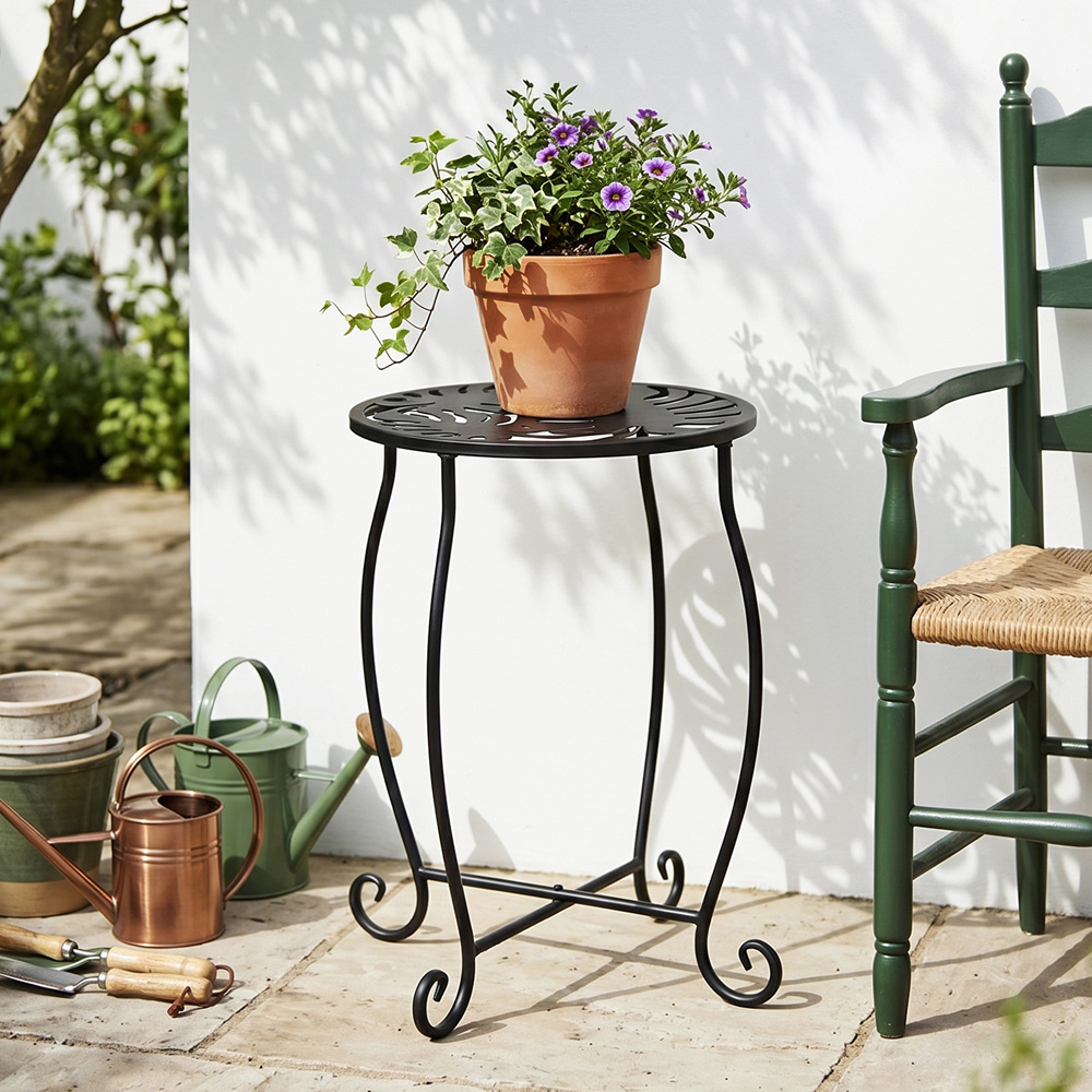 Living and Home Black Metal Scrollwork and Monstera Leaf Top Plant Stand 38cm Image 2