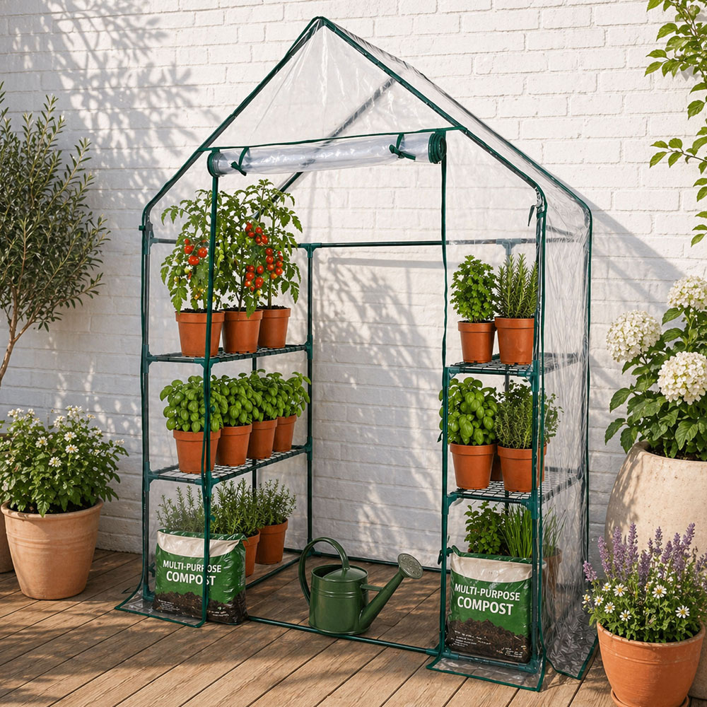 Neo 4 Shelf Green Galvanised Steel and PVC 4.7 x 2.4ft Mini Walk-In Greenhouse Image 4