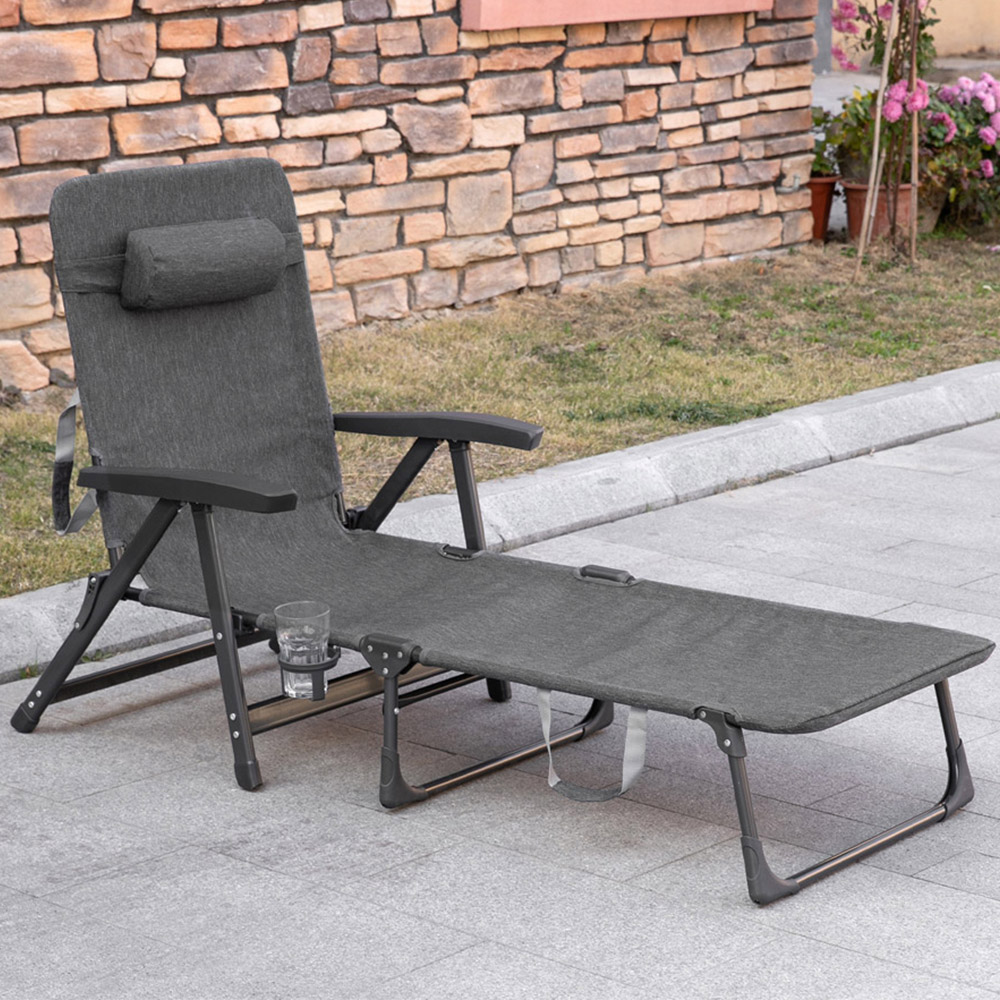 Outsunny Dark Grey Recliner Folding Sun Lounger with Pillow and Cup Holder Image 1