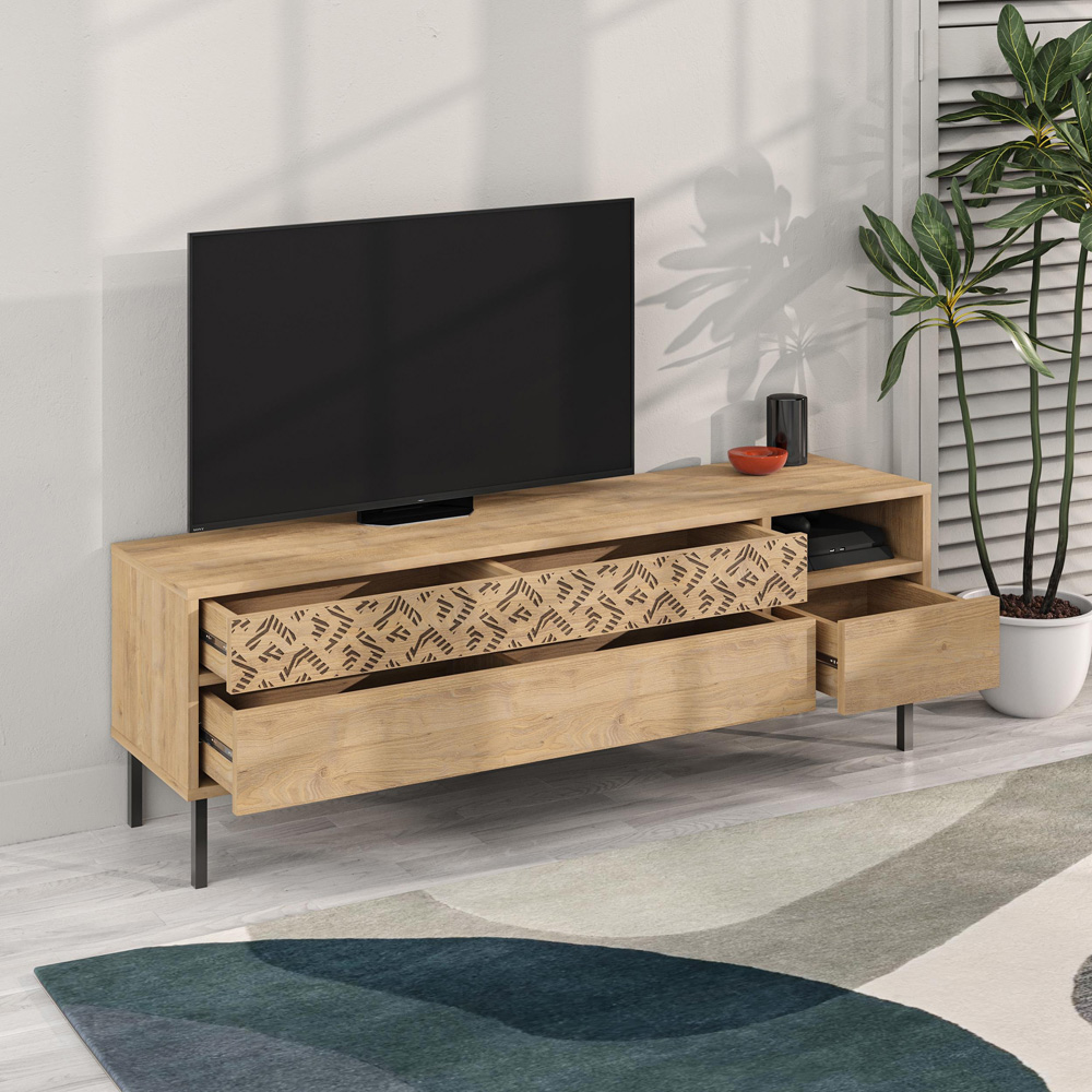 Decortie Heaton 3 Drawer Single Shelf Sapphire Oak TV Stand Image 4
