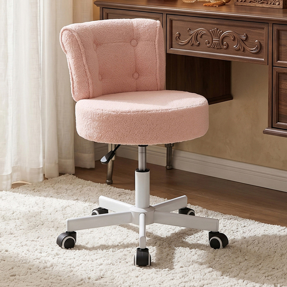 Living and Home Pink Teddy Fleece Button Tufted Vanity Chair with Castors Image 1
