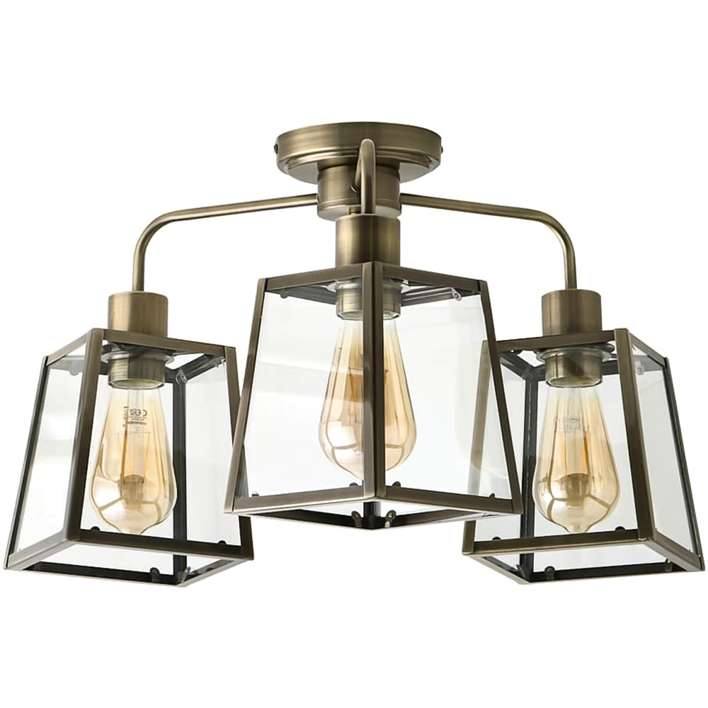 ValueLights Susie 3 Arm Antique Brass Glass Lantern Ceiling Light with Bulb Image 1