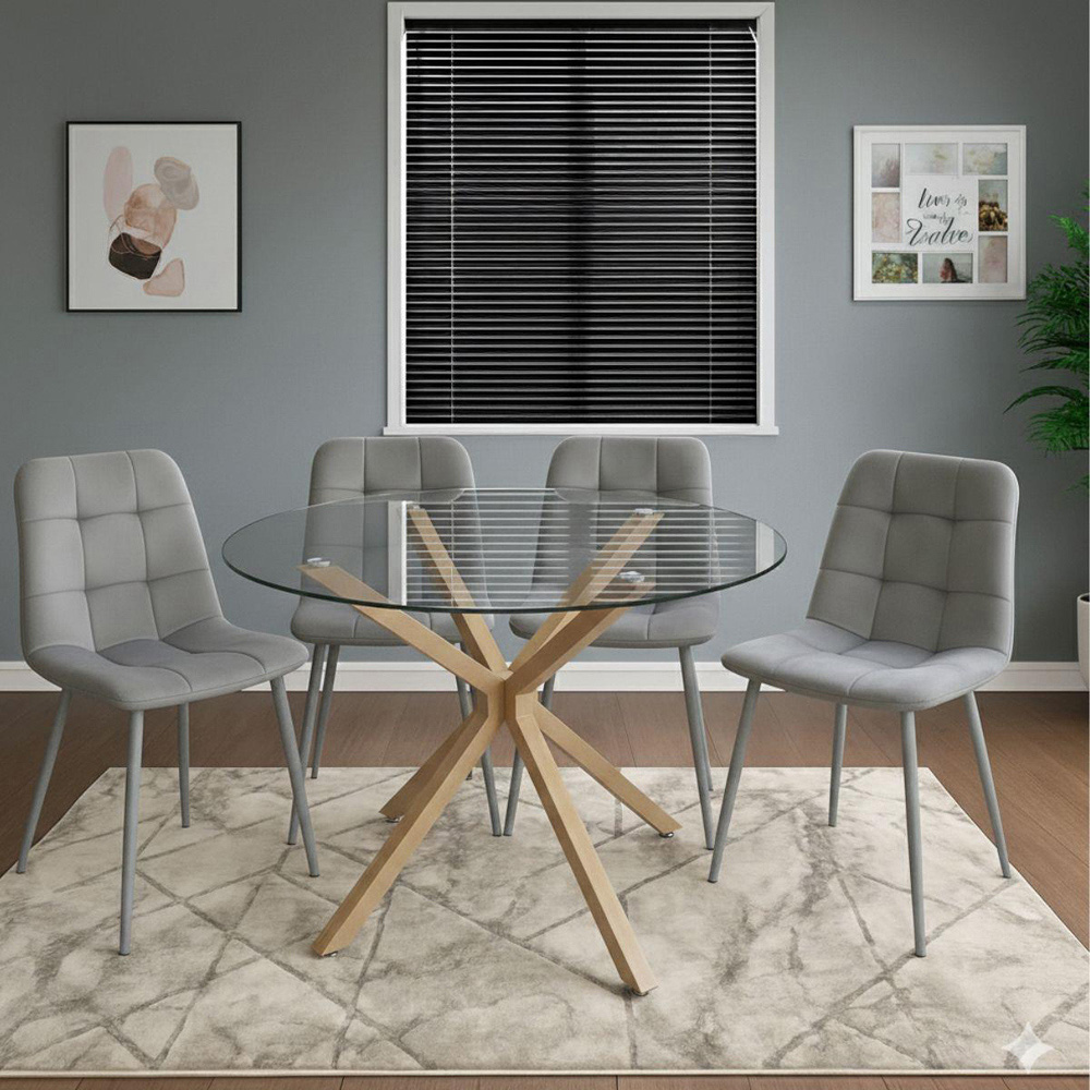 Portland 4 Seater Velvet Tufted Glass Tabletop Round Dining Set Grey Image 3