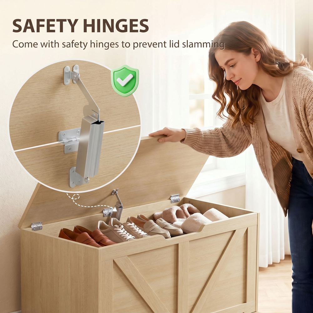 HOMCOM 100L Nature Wood Storage Trunk with Safety Hinge Image 6