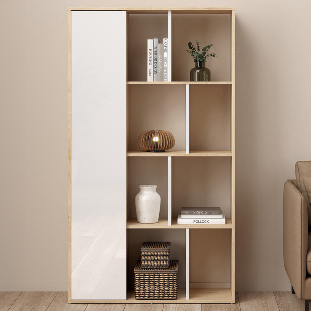 Furniture To Go Maze Single Door 8 Shelf Jackson Hickory and White High Gloss Bookcase Image 1