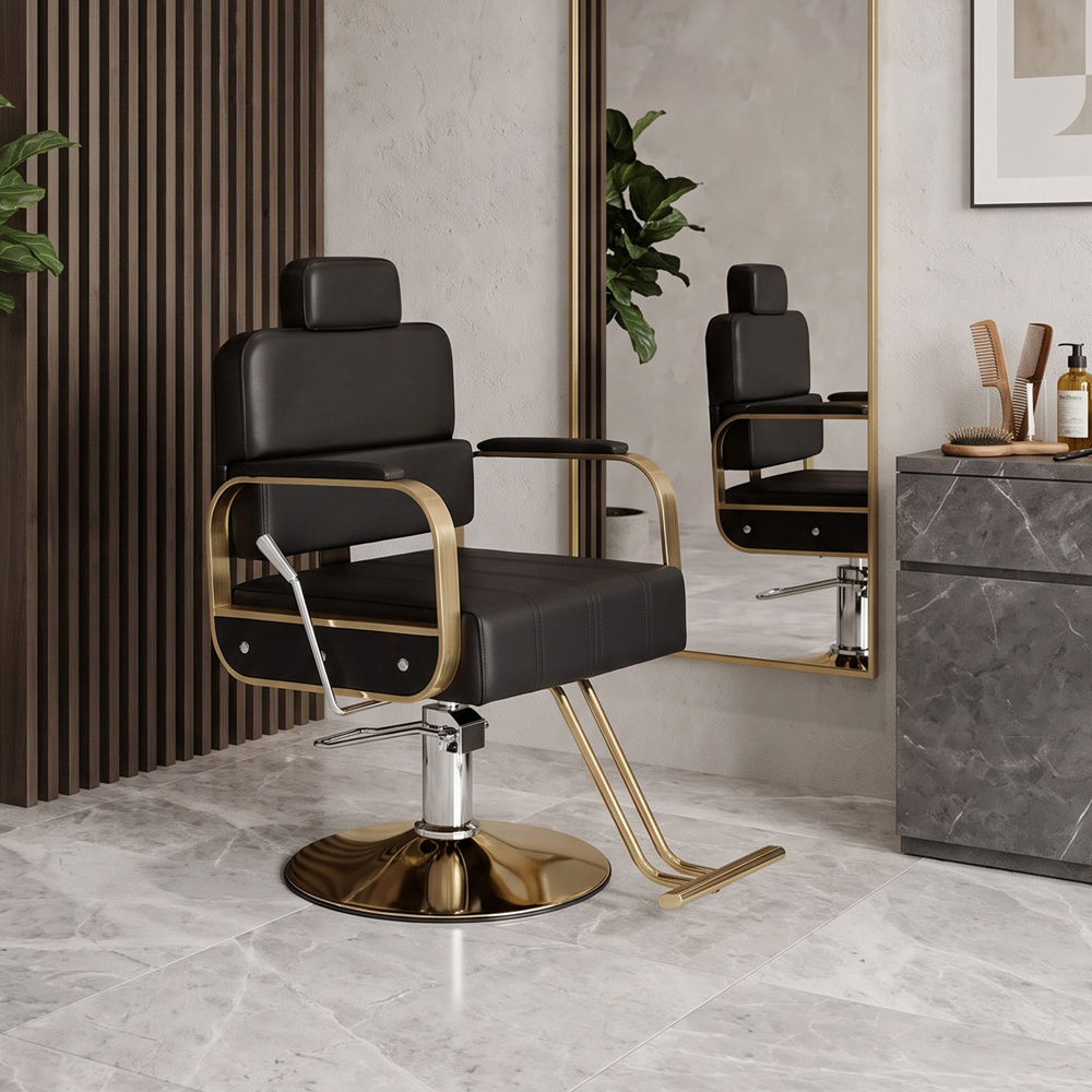 Living and Home Black and Gold Reclining Barber Chair with Hydraulic Lift Image 7