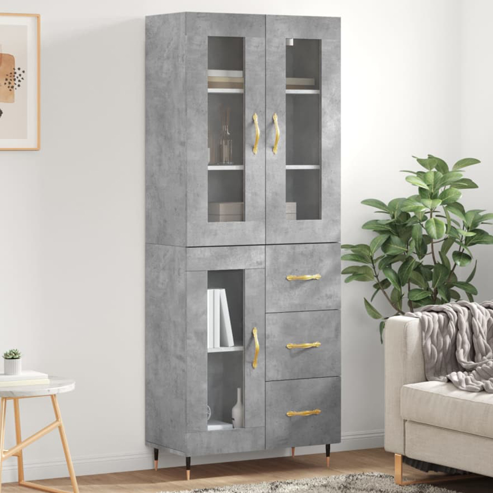 vidaXL 3 Glass Door 3 Drawer Concrete Grey Highboard Image 1