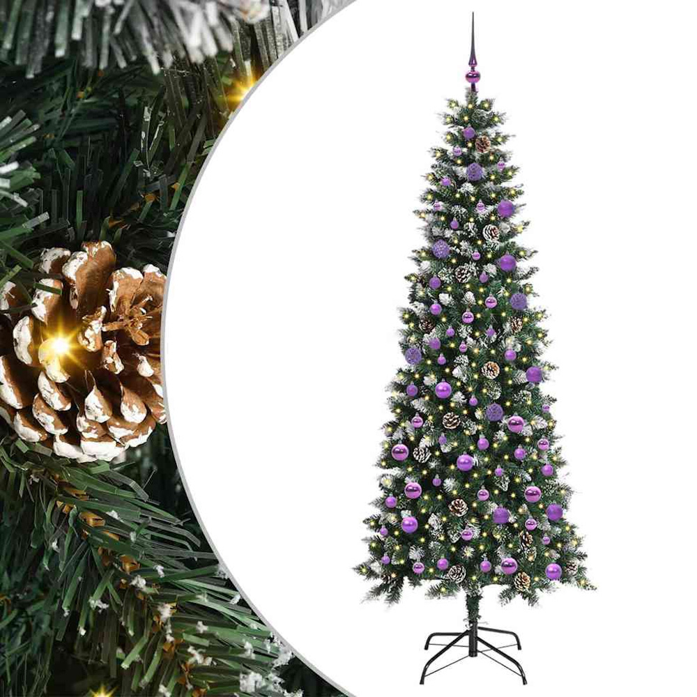 vidaXL Pre-Lit Lilac Baubles Green Artificial Snow Tipped Christmas Tree 7ft Image 2