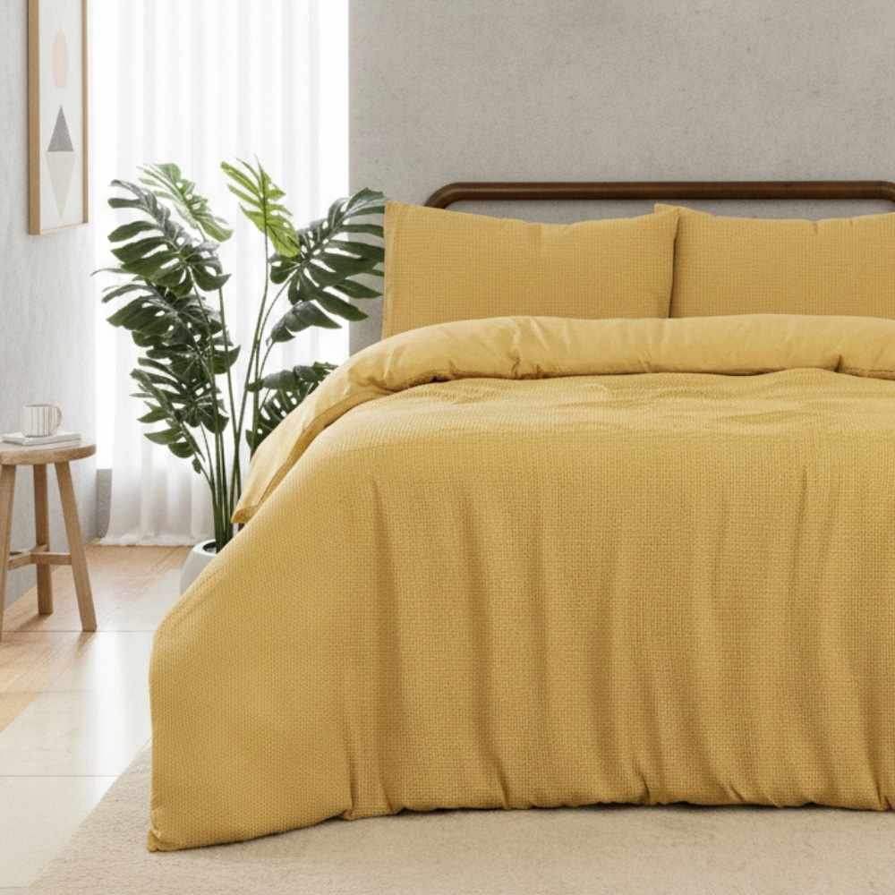 MHG Living Super King Size Mustard Chunky Waffle Duvet Cover Set Image 2