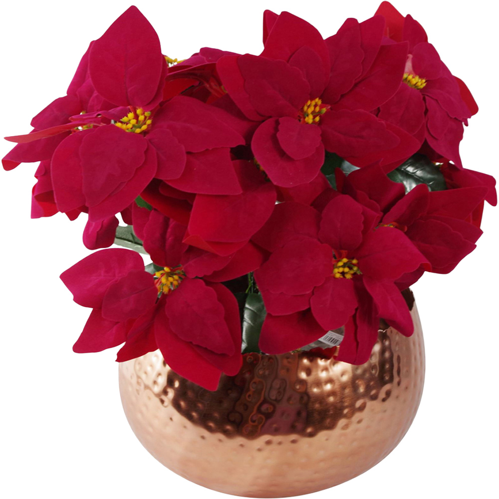 Leaf Christmas Poinsettias Artificial Plant in Copper Curved Metal Planter 40cm Image 1