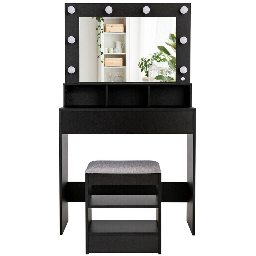 Costway Single Drawer 3 Shelf Black Dressing Table Set with LED Mirror Image 3