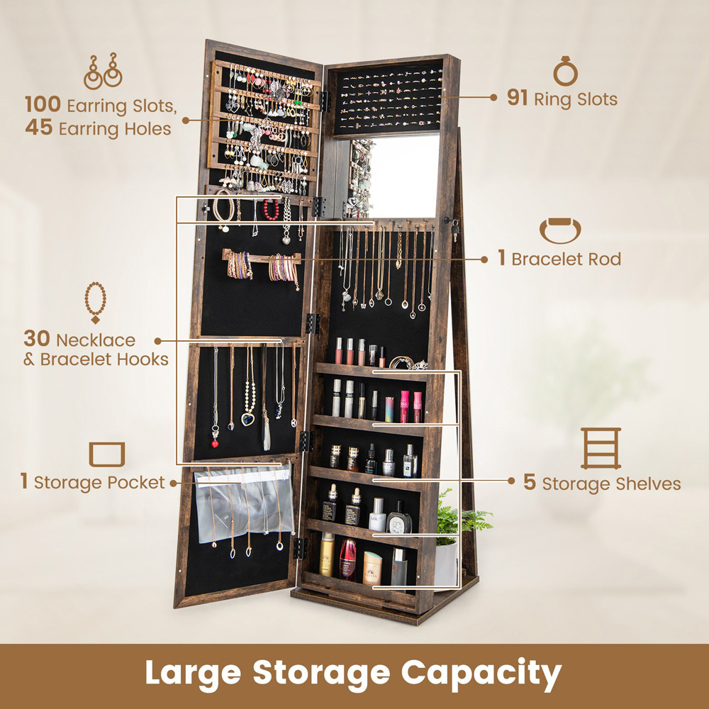 Costway Brown Mirrored Jewellery Armoire with Display Shelf Image 4