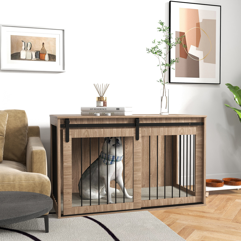 PawHut Brown Dog Crate End Table with Cushion 118cm Image 4