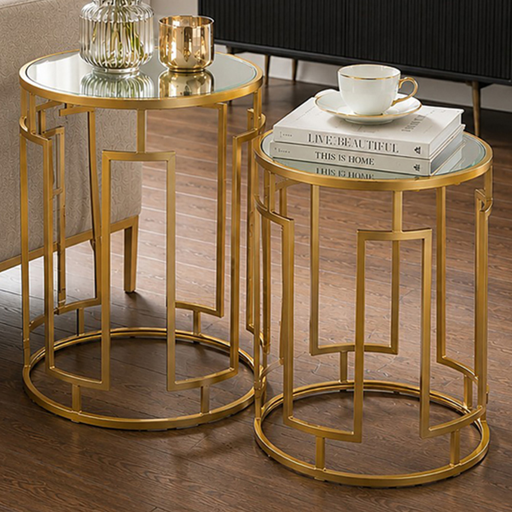 Premier Housewares Avantis Gold Openwork Design Mirrored Top Round Side Table Set of 2 Image 1