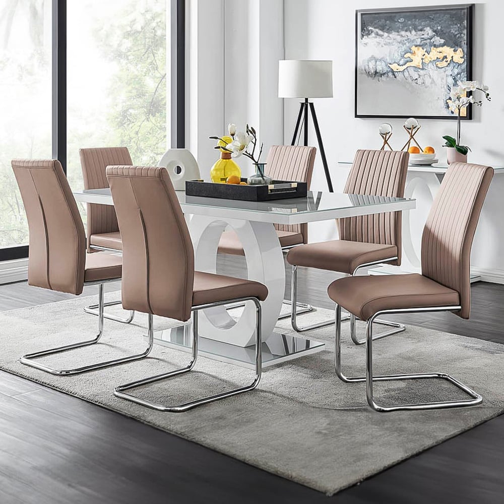 Furniturebox Lucia Fontant 6 Seater Dining Set Grey Gloss Cappuccino and Chrome Image 1
