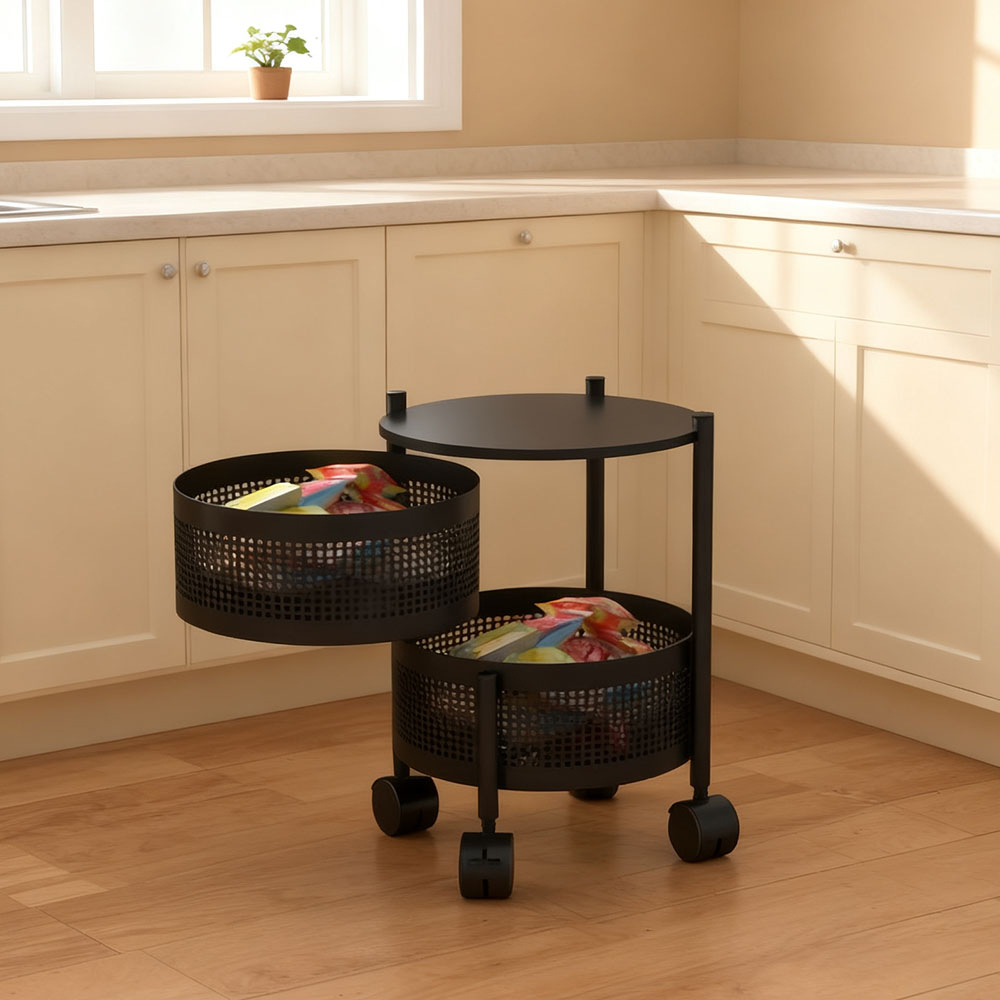 Living and Home 2-Tier Black Kitchen Storage Trolley with Rotating Basket Image 2
