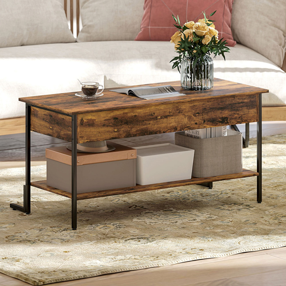 HOMCOM Rustic Brown Industrial Lift Top Coffee Table with Storage Image 1
