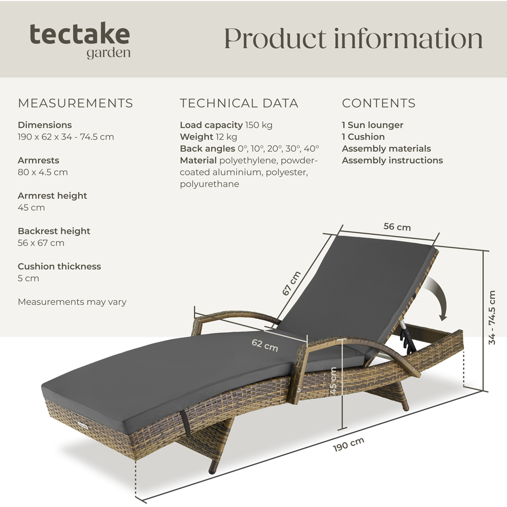tectake Oceane Natural 5 Level Adjustable Aluminium Frame Sun Lounger Image 9