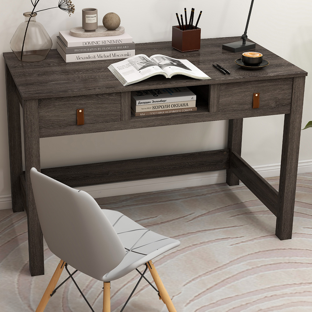 Costway 2 Drawer Single Shelf Computer Desk Oak Image 1