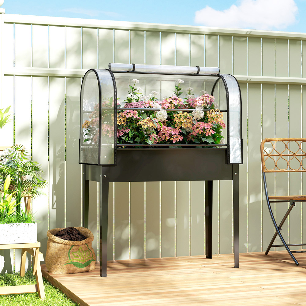 Outsunny Black Metal Raised Planter with Flip-Up Greenhouse 136 x 100 x 49cm Image 2