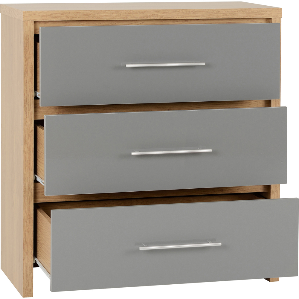 Seconique Seville 3 Drawer Grey Gloss Light Oak Effect Veneer Chest of Drawers Image 4