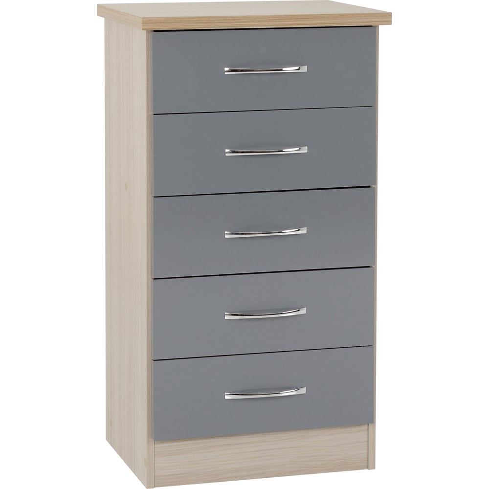 Seconique Nevada 5 Drawer Grey Gloss and Light Oak Veneer Narrow Chest of Drawers Image 2