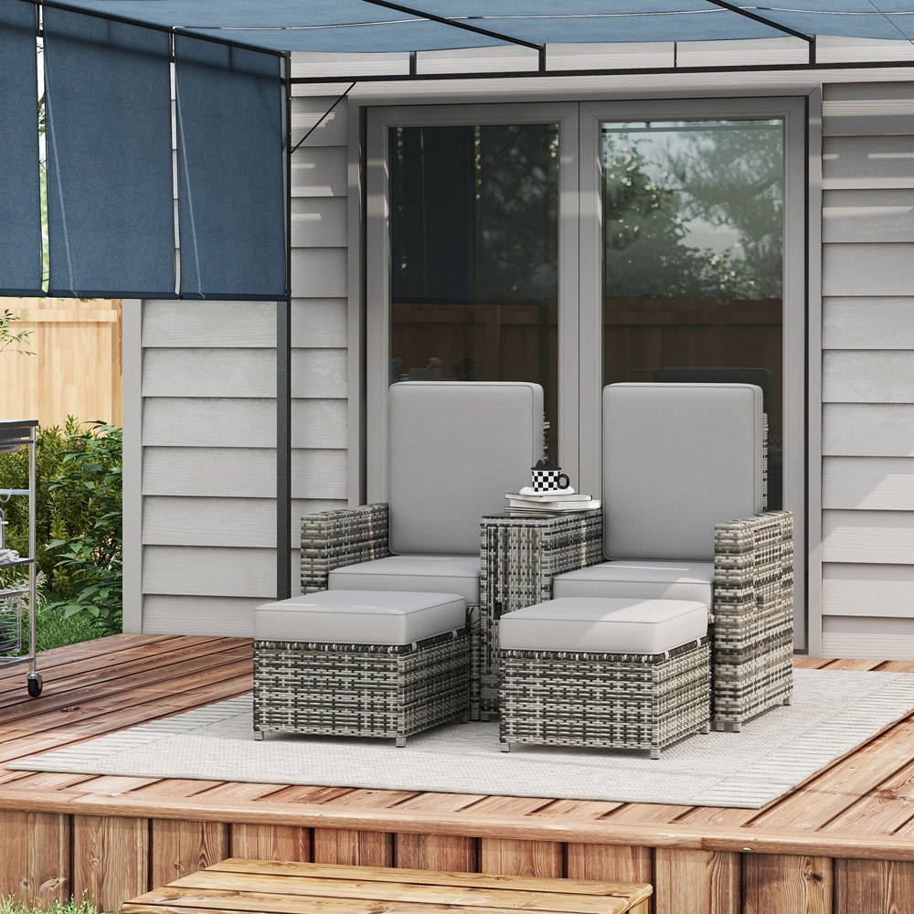 Outsunny Grey Rattan Sun Lounger with Storage Tea Table and Footstools Image 7
