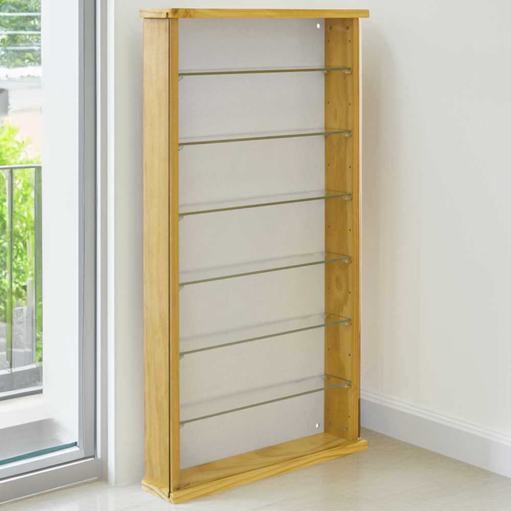 Watsons Exhibit 6 Shelf Pine Glass Wood Wall Display Cabinet Image 1
