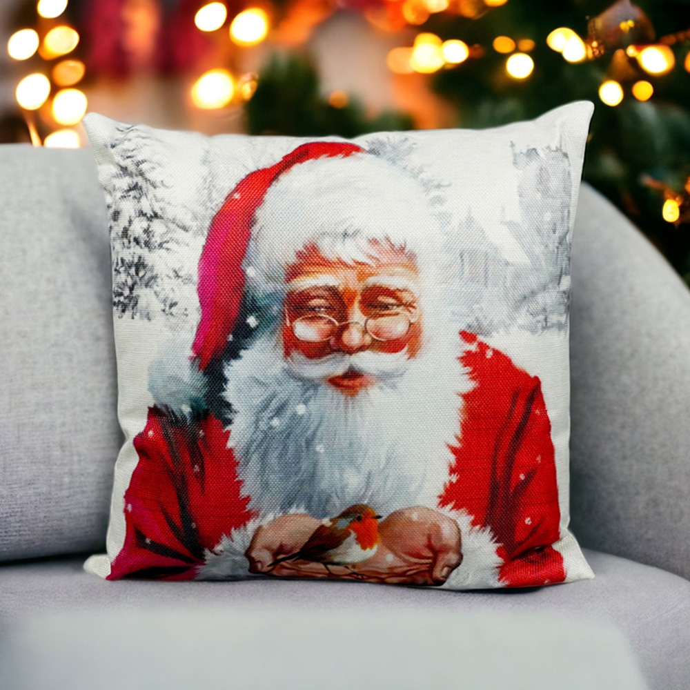 Xmas Haus Festive Santa and Robin Christmas Cushion 40 x 40cm Image 2