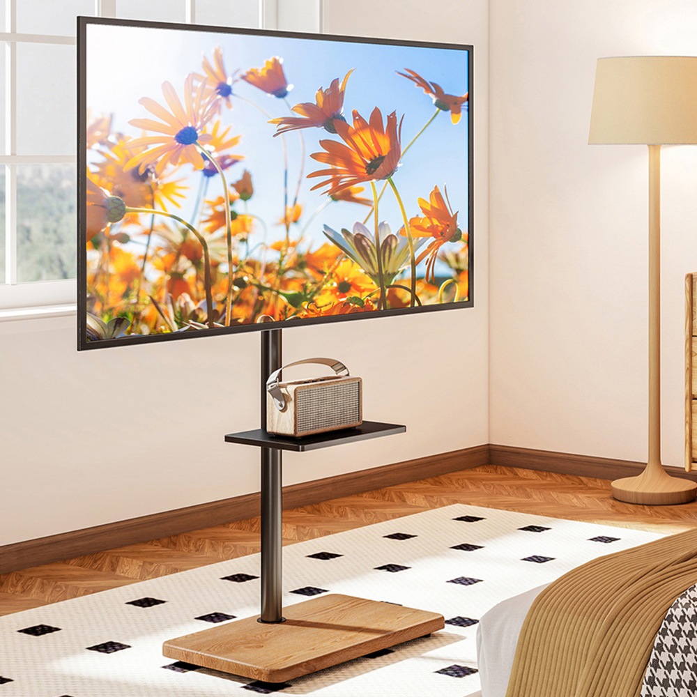 TTAP Black and Rectangular Oak Effect Base Single Shelf Floor Pedestal TV Stand Image 1