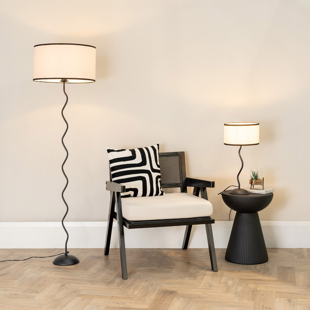 ValueLights Wiggle Linen Black Edge Drum Shade Black Metal Stem LED Table Lamp Image 3