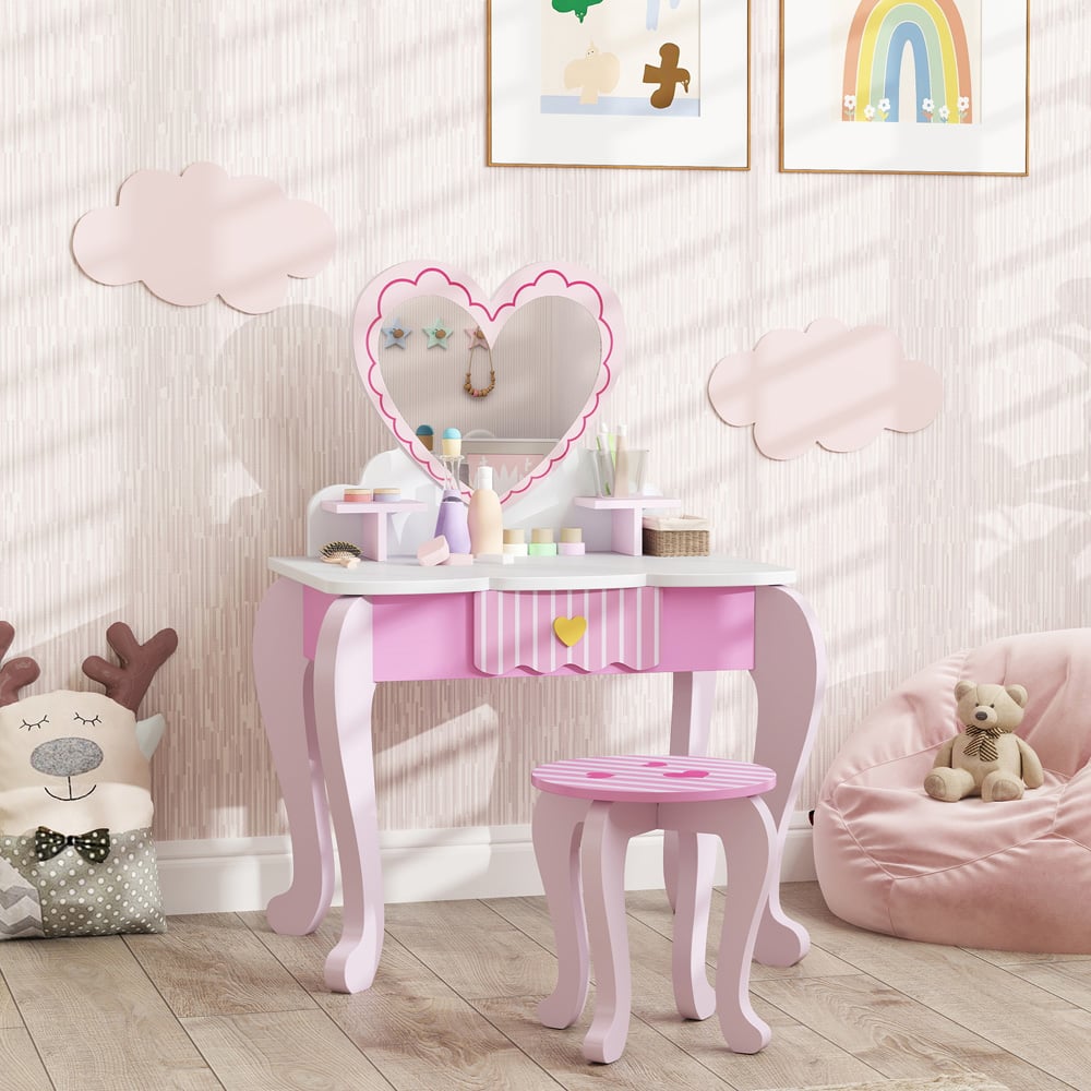 AIYAPLAY 2 Piece Pink Heart Mirror Kids Dressing Table Set Image 5